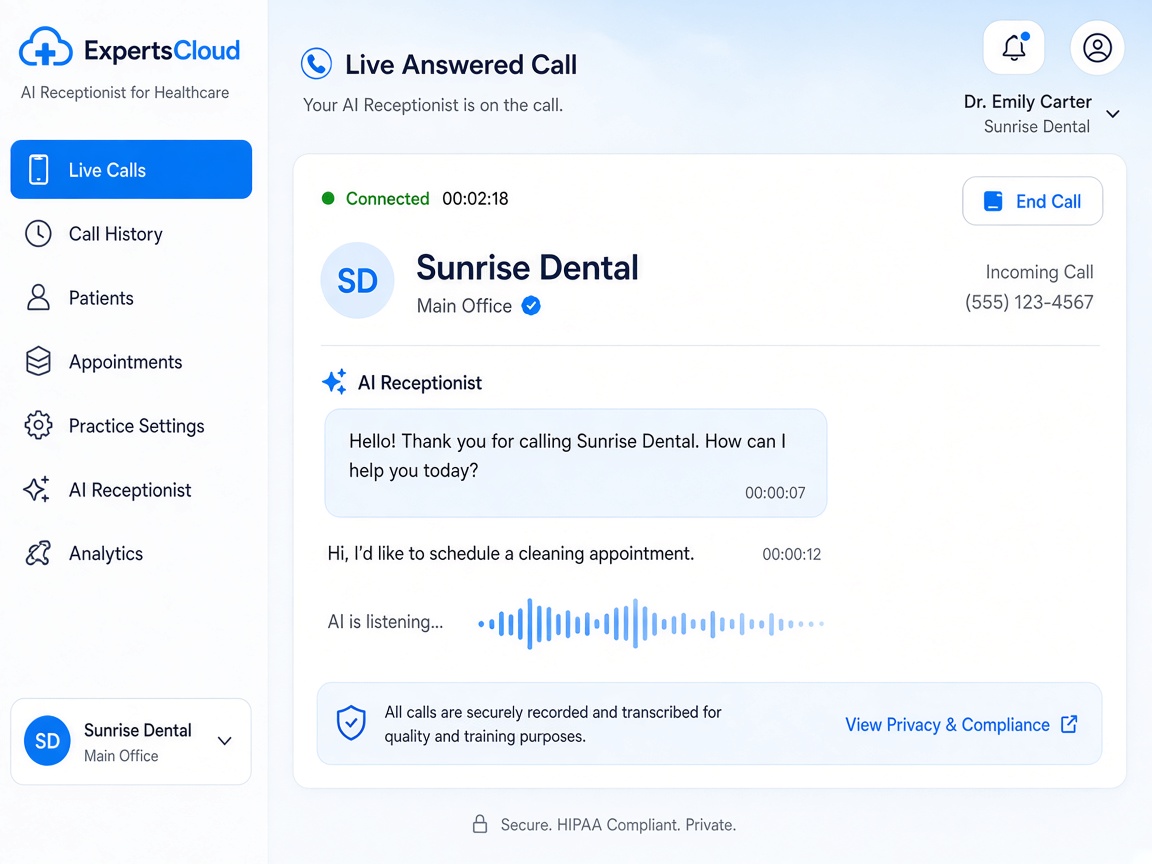 Answered: AI Receptionist greets in your practice name.
