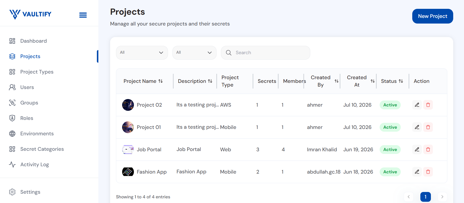 Vaultify Manage Projects